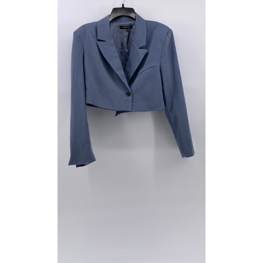 INDEFEIR Women's Blue Single Button Notch Collar Long Sleeve Cropped Top SZ XS